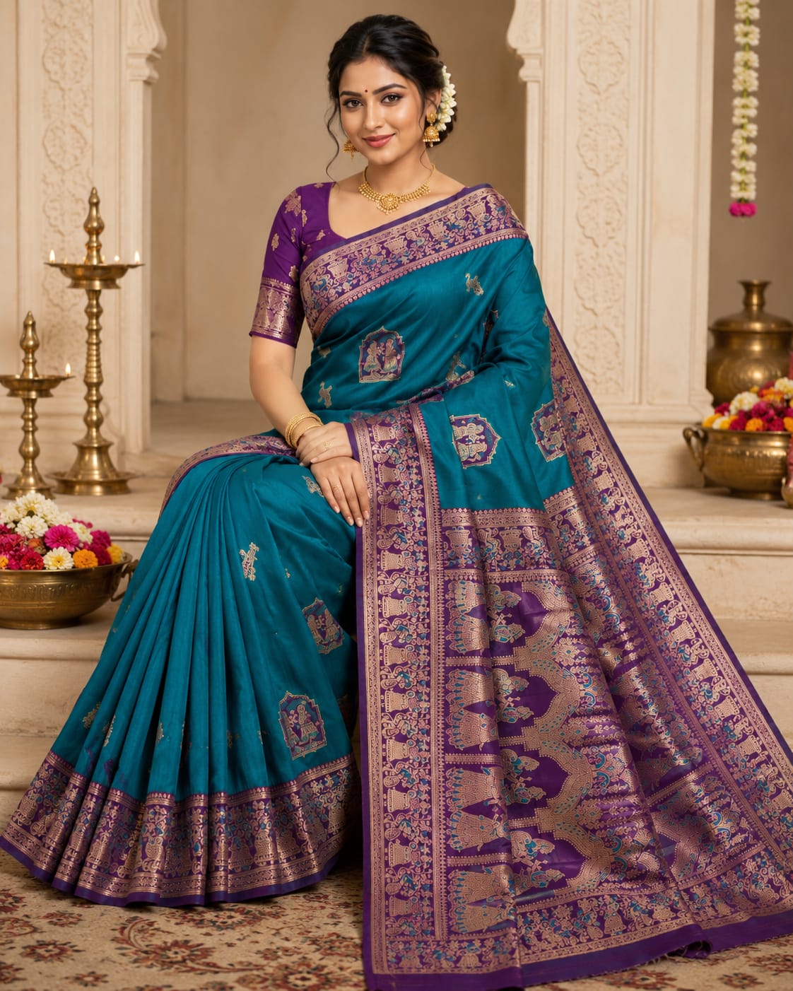 Premium Teal Blue & Purple Art Silk | Swarnachari Saree | Peacock Zari Work Rich Pallu